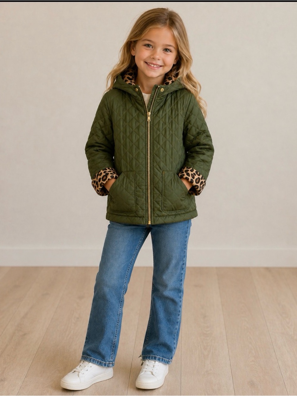 J. Crew Kids Green Quilted jacket  with Leopard Hood lightweight